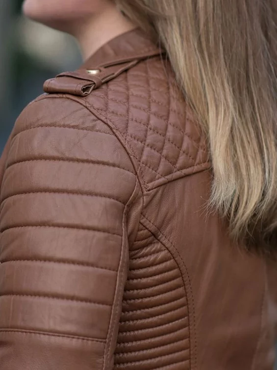 Womens Boda Style Quilted Leather Biker Jacket Brown