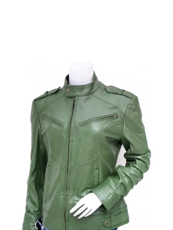 Women’s Fashion Green Biker Leather Jacket