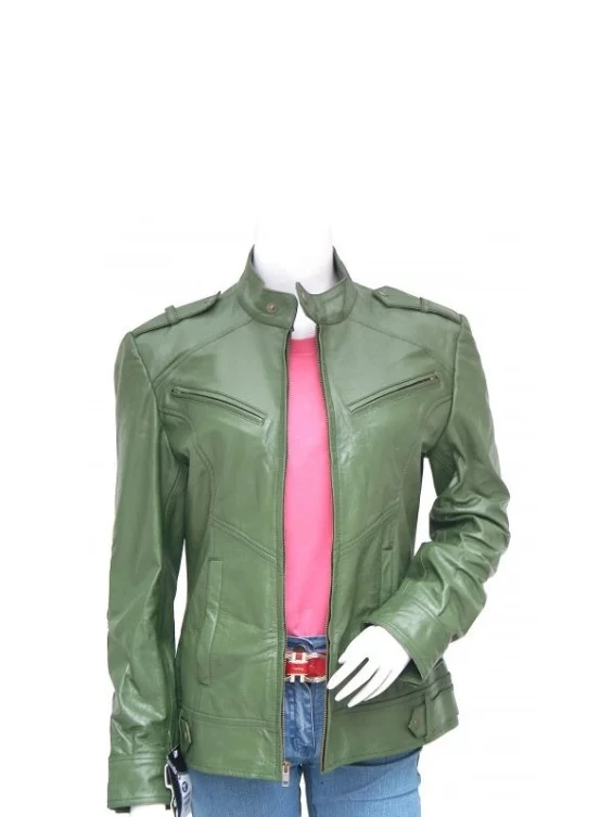 Women’s Fashion Green Biker Leather Jacket