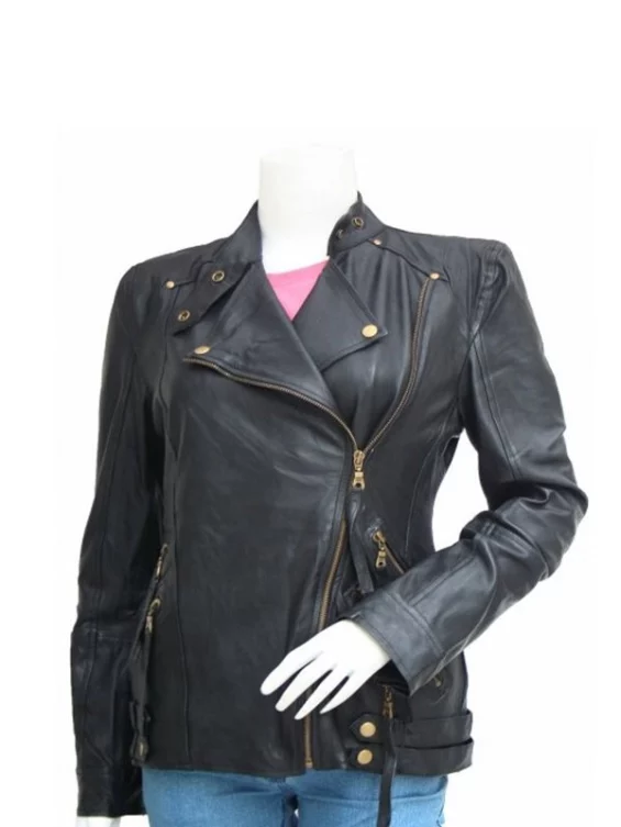 Women’s Golden Zipper Motorcycle Leather Jacket
