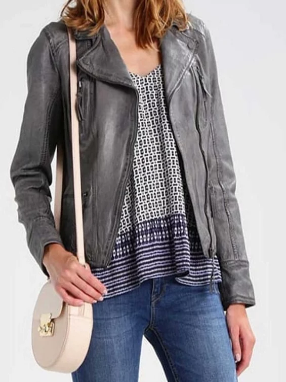 Womens Grey Biker Leather Jacket