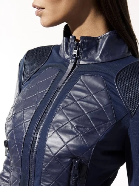 Womens Navy Blue Quilted Motor Biker Leather Jacket