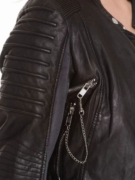 Womens Slim Fit Diamond Quilted Leather Biker Jacket Black