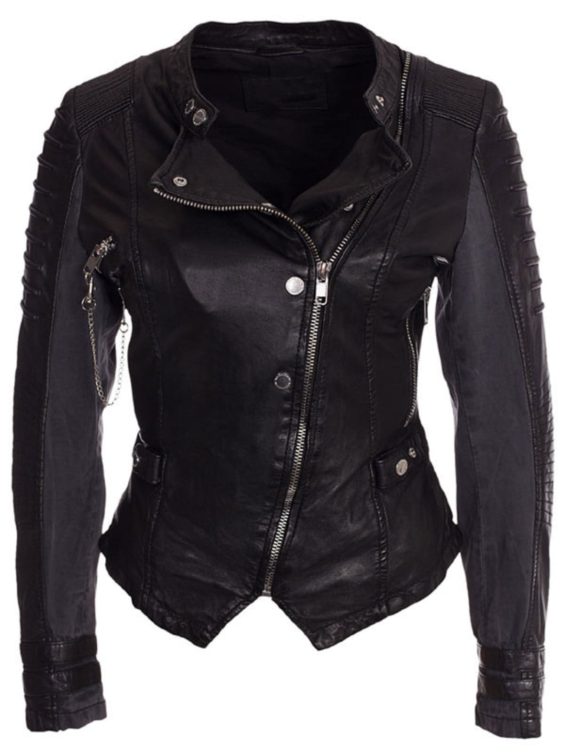 Womens Slim Fit Diamond Quilted Leather Biker Jacket Black