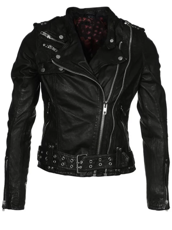 Womens Waxed Sheepskin Leather Biker Jacket Black