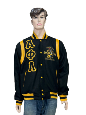 Front view of the Alpha Phi Alpha Black Varsity Wool Jacket with classic patches.