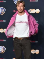 Cinemacon 2023 Ryan Gosling Pink Jacket featuring a minimalist bomber silhouette and a vibrant pastel finish.