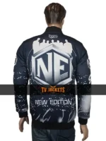 Back side view of New Edition Legacy Tour jacket showing smooth finish and relaxed bomber fit.