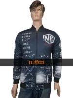 Full front view of New Edition Legacy Tour jacket with zip closure, ribbed collar, and tour-inspired design.