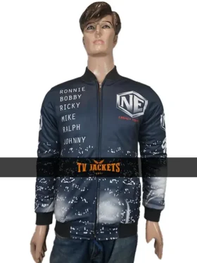 Full front view of New Edition Legacy Tour jacket with zip closure, ribbed collar, and tour-inspired design.