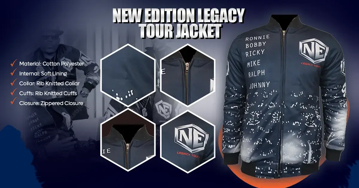 Infographic image showing features of New Edition Legacy Tour jacket including material, pockets, collar, and closure.