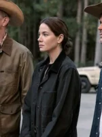 Side profile of a mid-length cotton coat featuring a clean button-style closure and structured fit.
