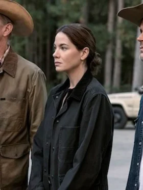 Side profile of a mid-length cotton coat featuring a clean button-style closure and structured fit.