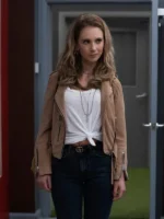Juno Temple as Keeley Jones in Brown Suede Jacket and Knotted White T-Shirt