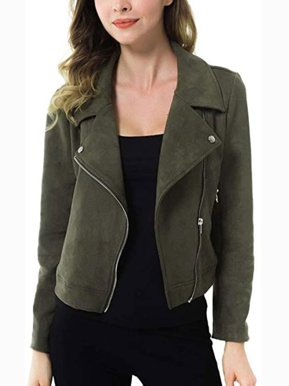 Women’s Army Green Motorcycle Faux Suede Jacket