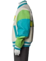 Rear view of the L V Rainbow Playground Varsity Jacket showing the premium wool body and leather sleeve texture.
