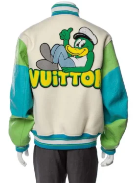 L V Rainbow Playground Varsity Jacket featuring a large cartoon character patch on the back and rib-knitted trim.