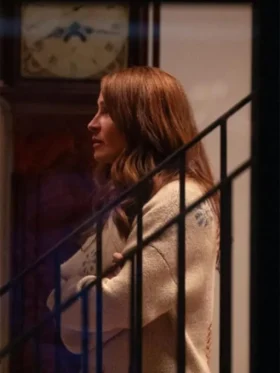 Front view of the Leave The World Behind Julia Roberts Coat featuring a round collar and button closure.