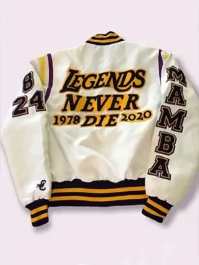 A white satin Legend Never Die Kobe Bryant Jacket featuring commemorative patches and rib-knitted trim.