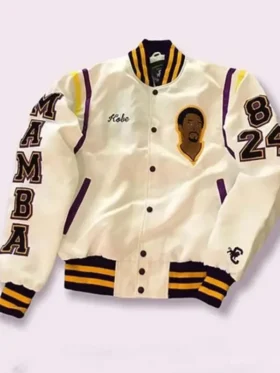 Front and back view of the varsity-style Legend Never Die Kobe Bryant Jacket with embroidered tribute details.