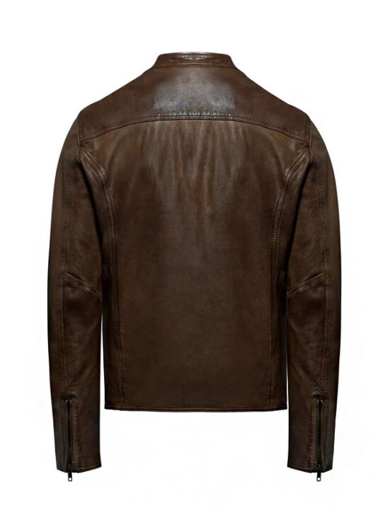 Mens Snap Tab Collar Brown Leather Jacket