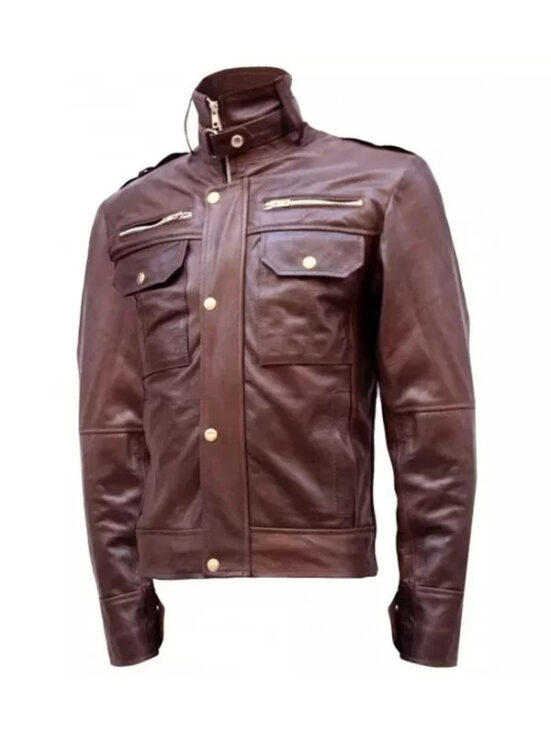 Standing Collar Chocolate Brown Leather Jacket