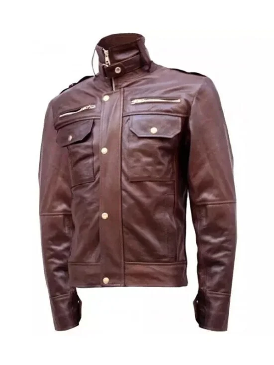 Standing Collar Chocolate Brown Leather Jacket