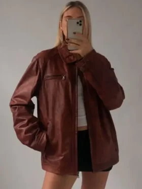 Oversize Distressed Brown Jacket Closure Detail