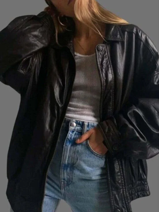 Womens 90s Oversized Black Leather Jacket