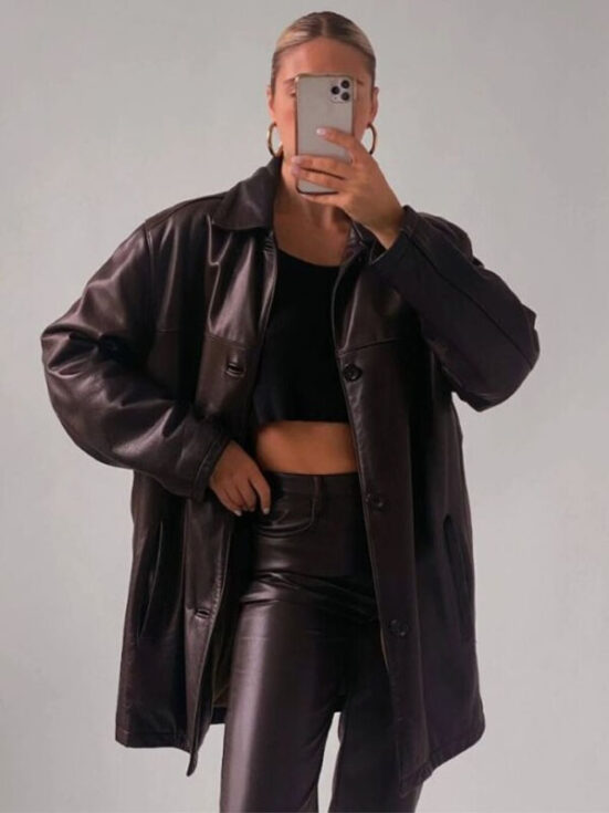 Women’s Classic Oversize Brown Leather Coat
