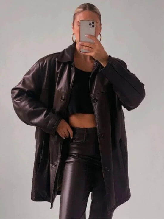 Women’s Classic Oversize Brown Leather Coat