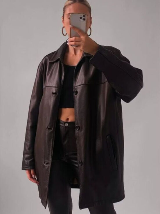 Women’s Classic Oversize Brown Leather Coat
