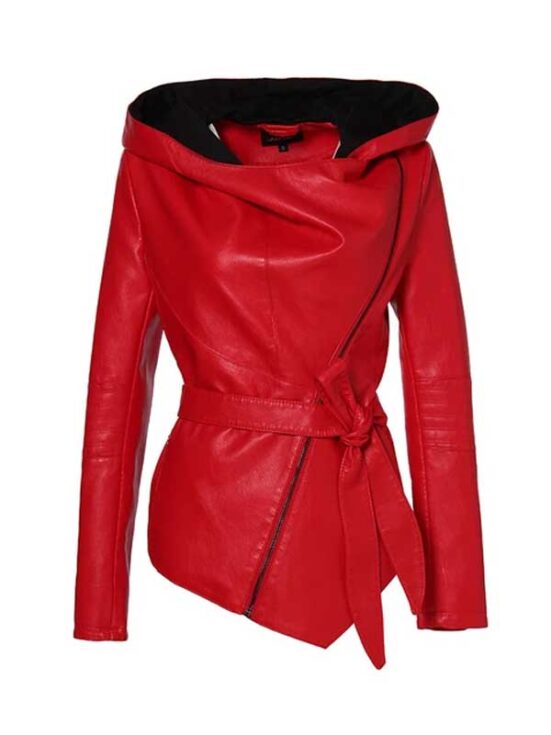 Women Red Hooded Leather Jacket
