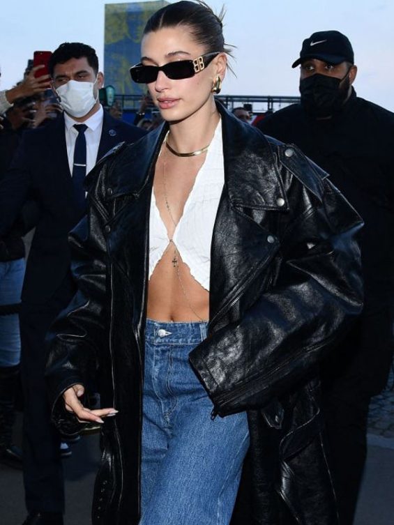 Hailey Bieber Oversized Leather Coat