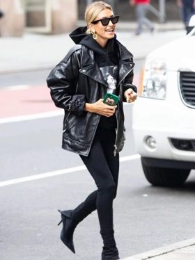 Hailey Bieber Black Oversized Motorcycle Jacket