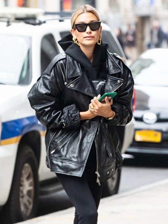 Hailey Bieber Black Oversized Motorcycle Jacket