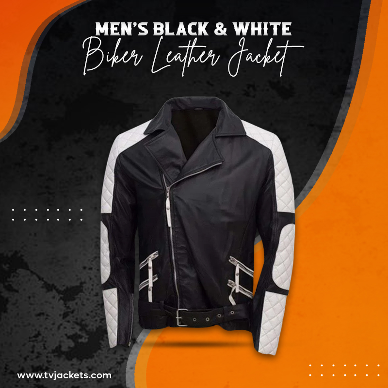 Men’s Black & White Biker Leather Jacket