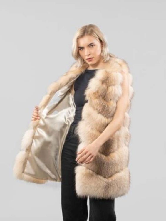 Beige Diagonal Fox Fur Vest For Women