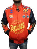 Lightning McQueen Racing Jacket front view highlighting the vibrant red colorway and secure zip-up closure.