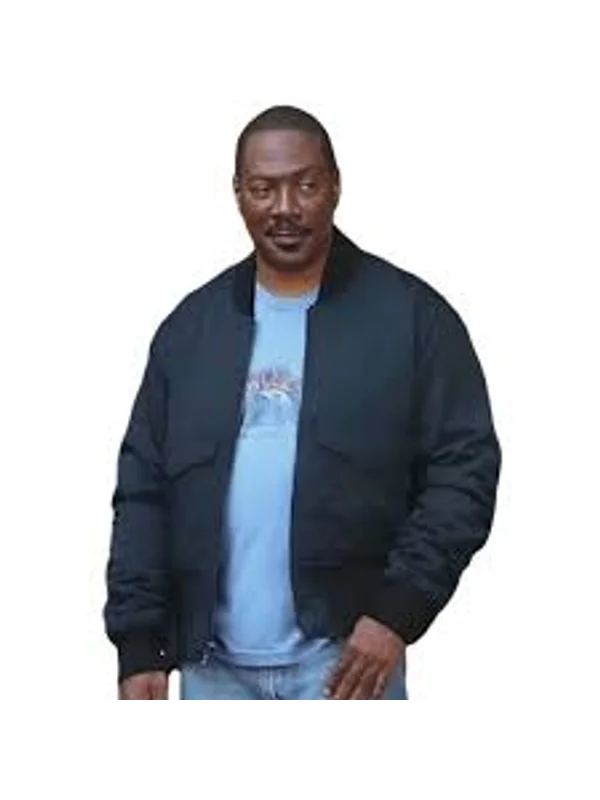 Beverly Hills Cop Axel Foley Blue Bomber Jacket front Beverly Hills Cop Axel Foley Blue Bomber Jacket front