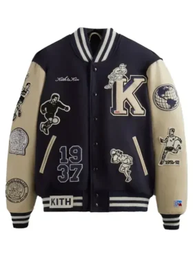 Kith Russell Athletic Golden Bear Jacket Front View in Black and Cream