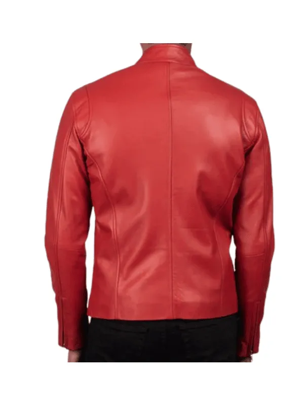 High-Quality Red Leather Motorcycle Jacket Zippered Cuffs