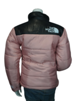 North Face Puffer Jacket Pink back view showcasing the iconic black shoulder overlay and seamless quilting.
