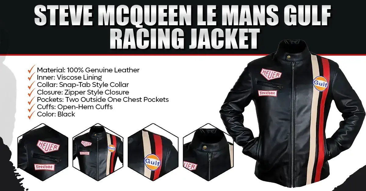 the Steve McQueen Le Mans Gulf Racing Black Leather Jacket, featuring a full view of the black leather garment with racing stripes and sponsor patches, accompanied by a bulleted list of materials and four close-up inset images.