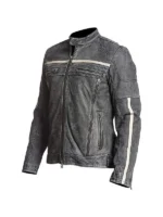 Distressed black leather motorcycle jacket with horizontal chest stripes.