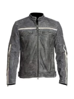 Distressed leather motorcycle jacket with horizontal chest stripes and snap-tab collar.
