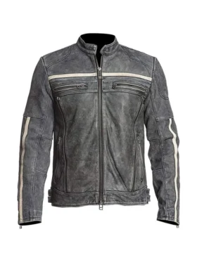 Distressed leather motorcycle jacket with horizontal chest stripes and snap-tab collar.