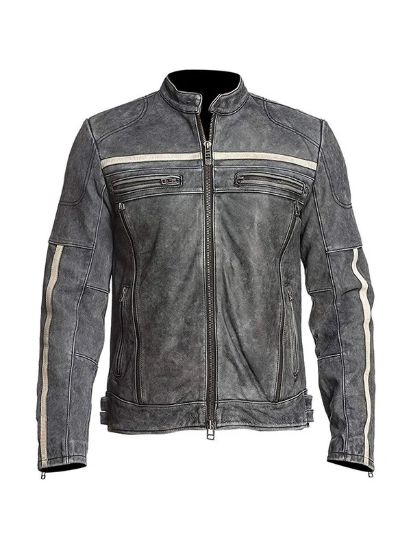 Distressed leather motorcycle jacket with horizontal chest stripes and snap-tab collar.