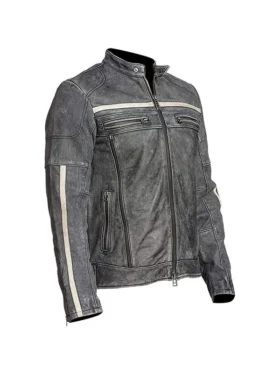 Close-up of a vintage-style biker jacket featuring zippered pockets and reinforced elbow stitching.