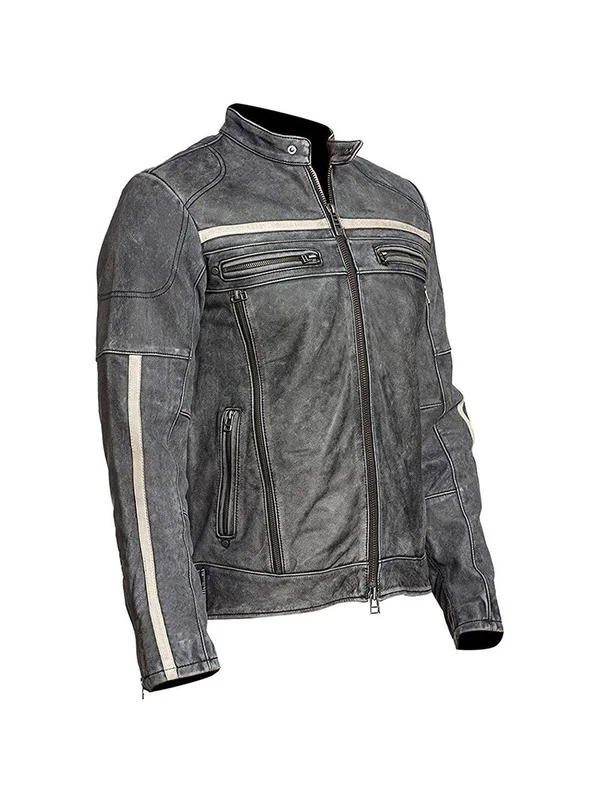 Close-up of a vintage-style biker jacket featuring zippered pockets and reinforced elbow stitching.